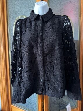 Nanette Lepore Black Lace Button-Down Shirt